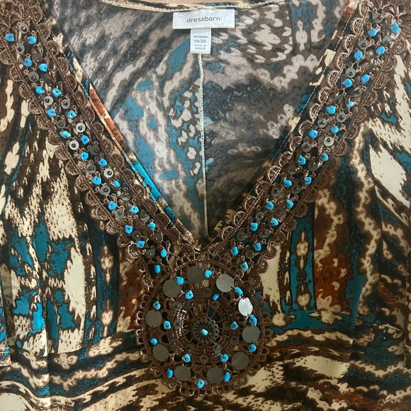 dressbarn Blue and Brown Patterned V-Neck Blouse with beading design - Picture 3 of 5